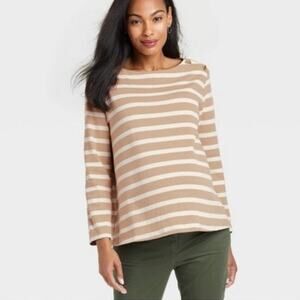 The Nines by Hatch Long‎ Sleeve Maternity Blouse Women Size L White Tan Striped